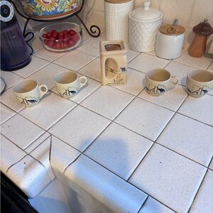 Hand-Painted Cream Ceramic Espresso Cup Set with Blue & Green Floral Motif